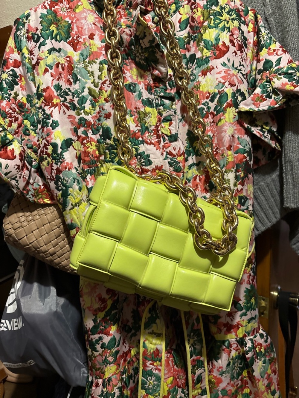 Bottega Veneta Neon Lime Intrecciato Padded Shoulder Bag with Gold Chain Strap